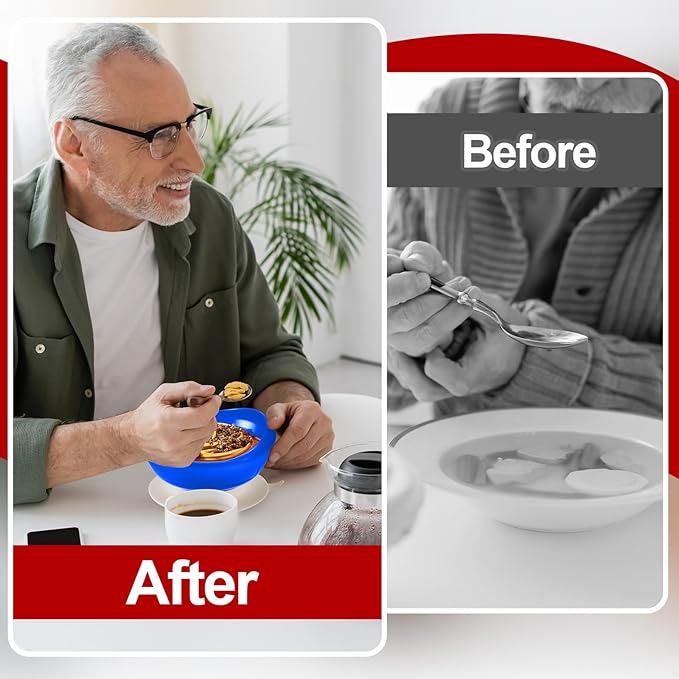 Hushee Adaptive Spill Proof Scoop Bowl and Plate Set with Suction Base Non Skid Self Feed Dinnerware for Elderly Disabled Handicapped from Parkinsons, Dementia, Stroke, Tremor(3 Sets,White, Blue, Red)