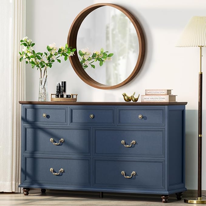 Farmhouse 54" 7 Drawers Dresser for Bedroom, Wide Chest of Drawers w/ 4 Wooden Legs, Vintage Rustic Large Closet Storage Dressers Organizer for Hallway, Wood TV Stand for Living Room, Blue