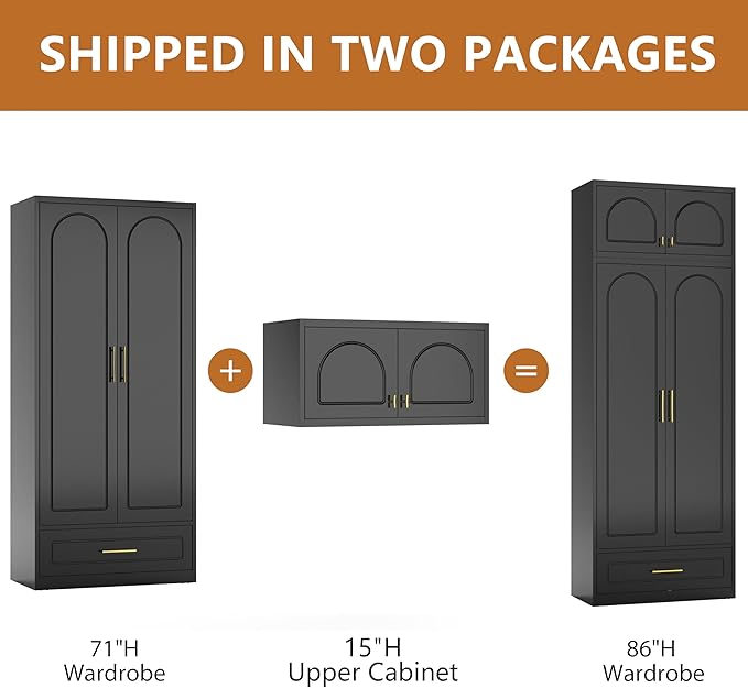 Metal Armoire Wardrobe Closet witih Drawer, Freestanding Wardrobe Cabinet with Hanging Rod, Clothing Storage Cabinet with Doors for Bedroom, 18" D x 32" W x 86" H, Black, Assemble Required