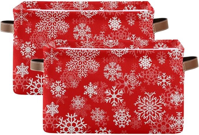 Christmas White Snowflakes on Red Storage Basket Cube Storage Bins Organizer Bag Collapsible Closet Shelf Baskets with handle for Cloth Book 14.2×10.2×8.3 IN
