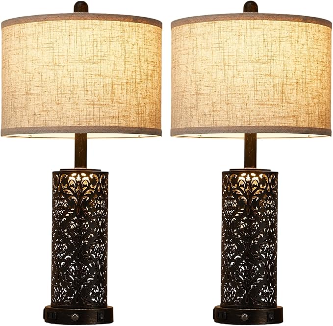 26" Set of 2 Farmhouse Table Lamp, 3-Way Dimmable Touch Control with Nightlight, 2 USB Ports + AC Outlet Vintage Rustic Bedside Lamp for Living Room Bedroom and Nightstand (Black-2 Pack)