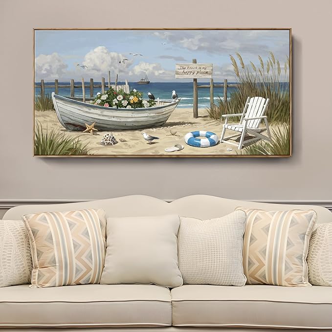 amatop Coastal Farmhouse Wall Art – Large Framed Modern Beach & Ocean Landscape Canvas Print, Nautical Elements for Living Room, Bedroom & Office Decor (58×29 Inch)