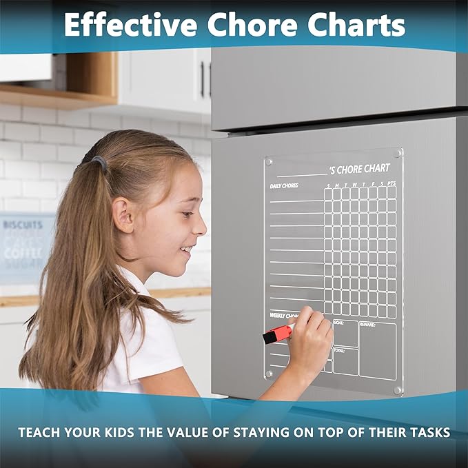 Acrylic Magnetic Chore Chart for Fridge, Clear Dry Erase Chores Chart for Refrigerator, Responsibility Reward Planning Board for Teens Family, w/ 8 Colors Markers, 12"x9"