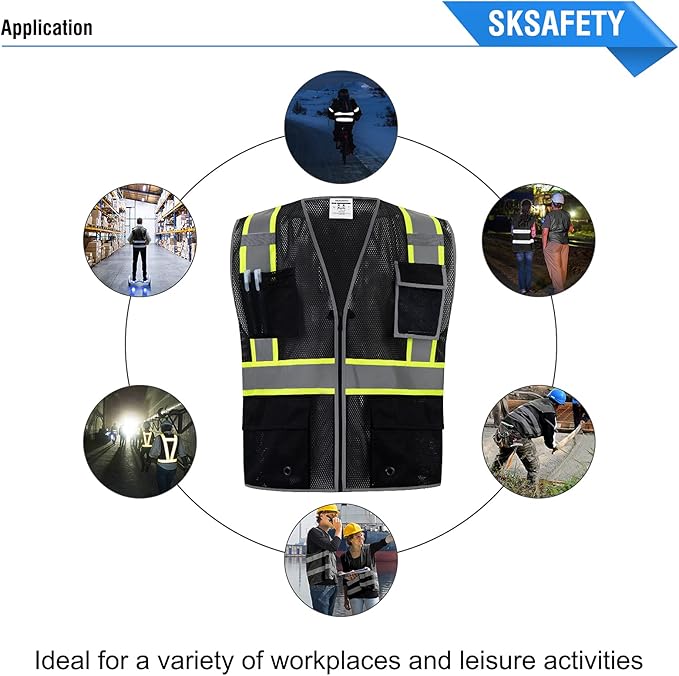 SKSAFETY 10 Pockets Safety Vest, Class 2 High Visibility Security with Zipper Double-sided mesh, Hi Vis Vest with Reflective Strips, ANSI/ISEA Standard, Construction Work Vest （Black, XL）