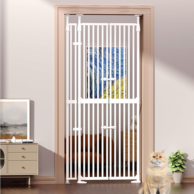 74.8"-90.5" Extra Tall Cat Gate for Doorway, Auto‑Close, No‑Drill Pressure‑Mount with 3 Support Pillars & Double‑Door, Fits 30.3–38.2″ Openings, 1.37″ Narrow Gap, Extension Kit Included, White