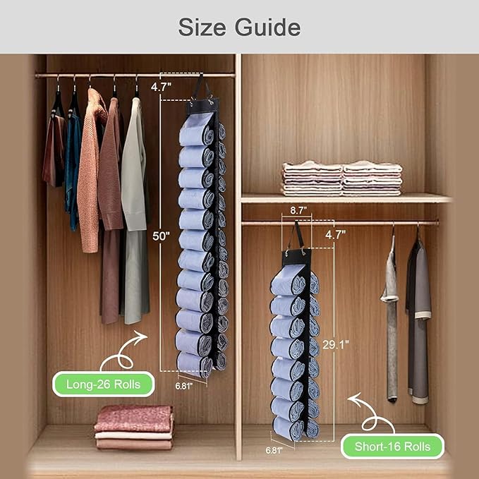 Legging Organizer Storage, T-Shirt Organizer, Foldable Hanging Closet Organizer, Hanging Clothes Organizer with 16 Roll Compartments for Yoga Clothes, Shirt (Black)