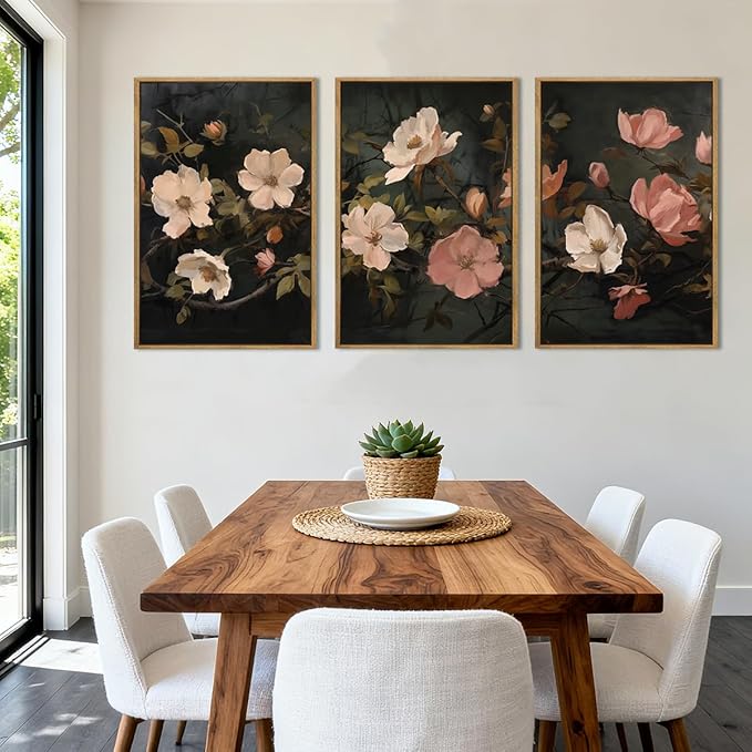 IARTTOP Large Black Floral Framed Canvas Wall Art 16x24 Inch Dark Moody Floral Art Prints Set of 3 Modern Botanical Wildfower Wall Decor for Living Room Bedroom Office