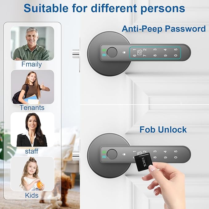 Fingerprint Door Lock, 6-in-1 Smart Door Knob with App Control/Fingerprints/IC Cards/Passwords/2 Keys, Fingerprint Door Knob Biometric Door Lock for Bedroom Apartment, Black