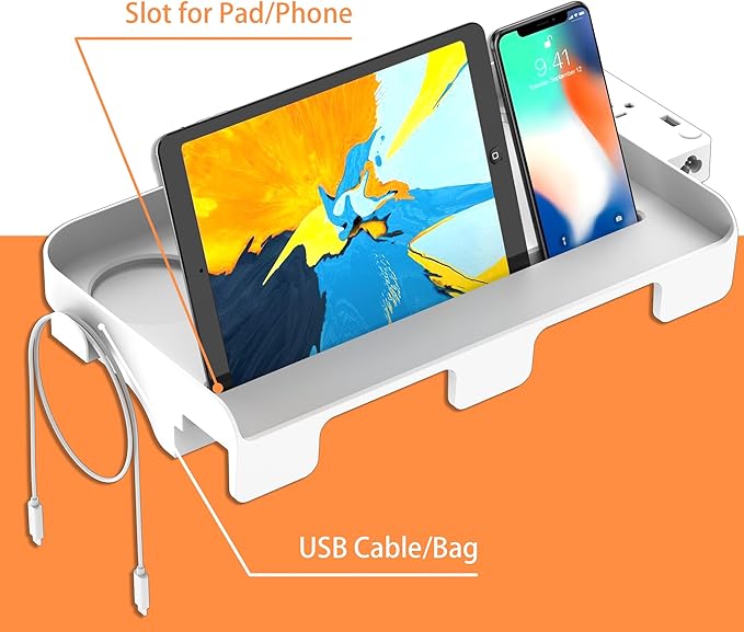 Bedside Shelf for Dorm Bunk Bed with USB Charging Port and 2 AC Outlets, Bedside Caddy, Bunk Bed Extender, Attachable Bedside Table, College Dorm Essential Clip On Bedside Tray, Plus Size, White