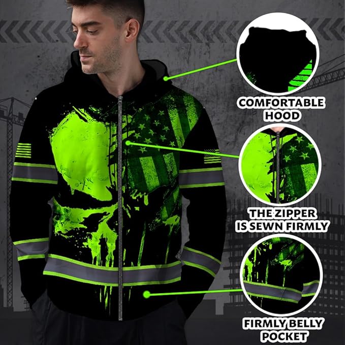 Maddly Hi Vis Reflective Zip Up Hoodie, High Visibility Safety Jacket with Skull Design for runner, worker, trucker, cyclist