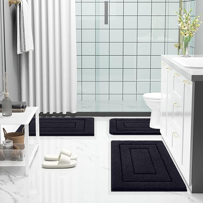Buganda Bathroom Rugs, 47" x 20", Soft and Absorbent Microfiber Bath Rugs, Non-Slip Shaggy Shower Carpet, Machine Wash Dry Bath Mats for Bathroom Floor, Tub and Shower, Black