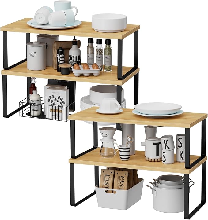 Cabinet Shelf Organizers, 15.7 inches Large Kitchen Counter Shelf, Set of 4 Wood Kitchen Pantry Organizer, Storage Shelves for Countertop, Spice Rack, Stackable, Expandable, Metal Black, Nature