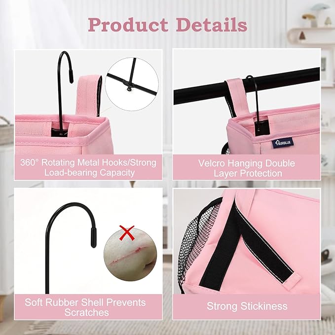 Surblue Bedside Organizer with Hook Caddy Hanging Storage Bag with Adjustable Straps and Water Bottle Holder for Home, College Dorm, Hospital Accessories, Crib Bed Rail, Pink, 2PCS