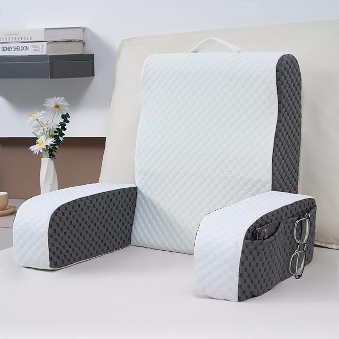 Bed Reading Pillow Back Support with Arms, Removable Pillowcase for Book Working Gaming Resting Watching TV, White Gray/22in