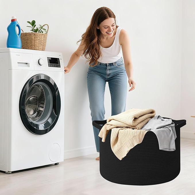 Large Storage Basket with Handle,23.6" x 23.6" x 15.7" Blanket Basket Storage Bins for Organizing,65L Cotton Rope Woven Baskets for Living Room, Nursery,Bedroom,Black