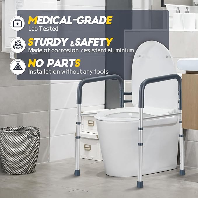 Toilet Safety Rails, Folding & Portable Bathroom Toilet Handles for Elderly, Seniors, Handicap & Disabled, Adjustable Toilet Safety Frame Fit Any Toilets (350 LB)