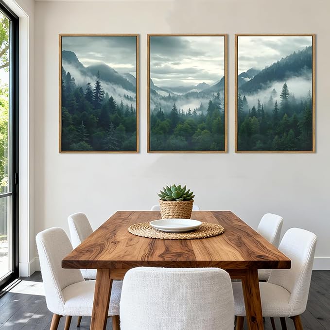 IARTTOP Large Misty Mountain Framed Wall Art 16x24 inch Green Foggy Forest Canvas Wall Decor Modern Pine Trees Nature Landscape Prints for Living Room Bedroom Set of 3