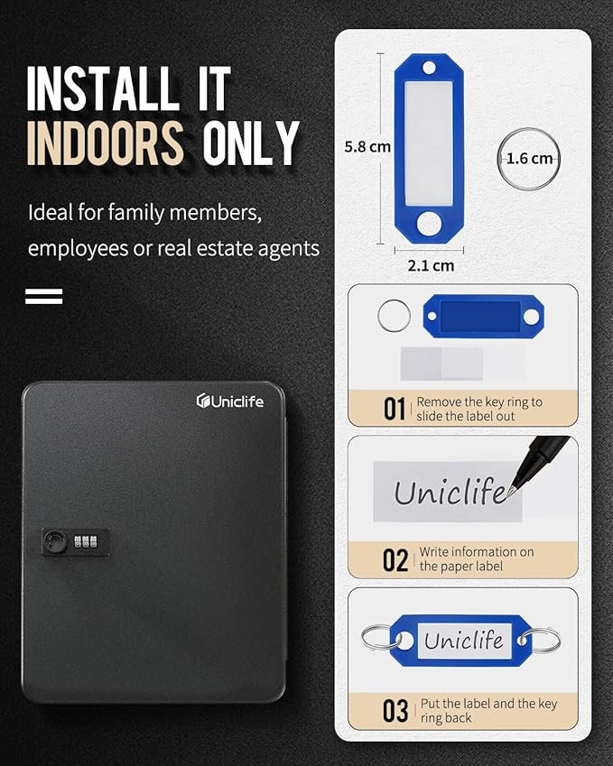 Uniclife 60 Position Key Cabinet with Combination Lock Resettable Black Digital Security Storage Box Steel Key Organizer with Colorful Large Key Tag Labels Stickers and Hooks