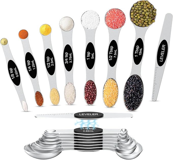 Magnetic Measuring Spoons Set, Stainless Steel, Stackable, Dual-Sided, 8 Pieces, Dry and Liquid Ingredients