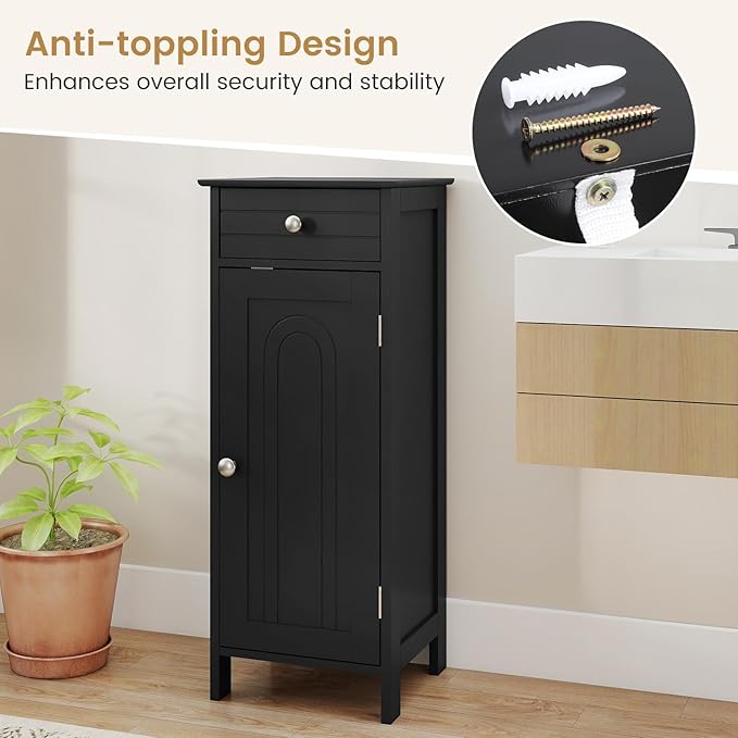 GLACER Floor Storage Cabinet, Multifunctional Bathroom Storage Cabinet with 2 Adjustable Shelves, Ideal for Bathroom, Living Room, 14 x 12 x 34.5 inches (Black)