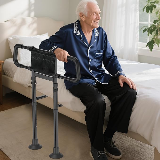 Bed Rails for Elderly Adults Safety:Adjustable Bedside Assist Rails with Storage Pockets,400LB Gravity Capacity, Non-Slip Handle, Sensor Night Light & Storage Pocket – Bed Cane & Handrail for Seniors