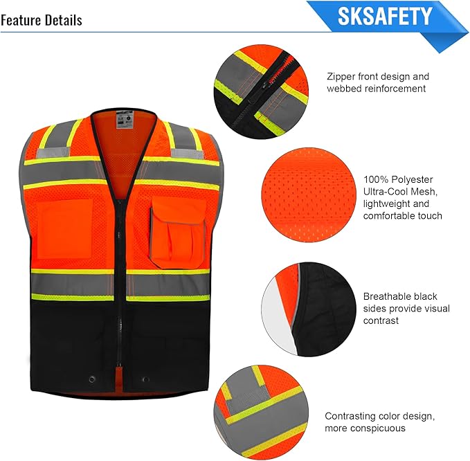 SKSAFETY 10 Pockets Professional level Safety Vest, Class 2 High Visibility Security Vest with Zipper, Hi Vis Vest with Reflective Strips, ANSI/ISEA Standard, Construction Work Vest（Orange Black, 4XL）