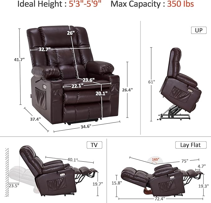 MCombo Dual Motor Power Lift Recliner Chair for Elderly, Lay Flat Lift Chair with Heat and Massage, Cup Holders, USB Ports, Faux Leather 7890 (Dark Brown, Medium)