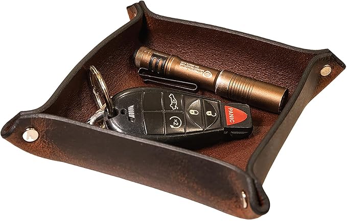 Valet Tray – Full-Grain Leather Catchall Organizer for Keys, Phone & Wallet – Rustic Nightstand & Desk Tray with Raised Sides – Handmade in USA (Vintage Brown, Small Square)