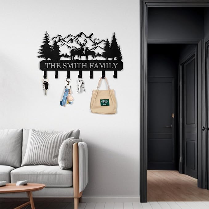 Personalized Key Holder for Wall - Custom Name Forest Deer Coat Rack Mount With Hooks, Metal Key Holder Decor, Key Hanger for Bedroom Kitchen Office