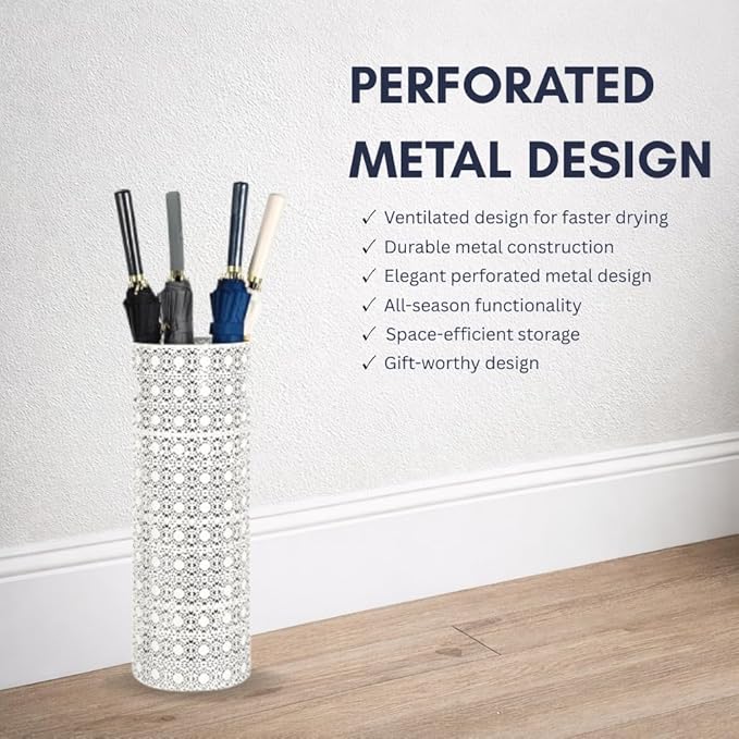 Concepts 21 inch Heavy Duty Metal Umbrella Stand - Durable Storage Holder for Umbrellas - Indoor and Outdoor Use - Stylish and Modern Organizer for Entryways. (White Lace)