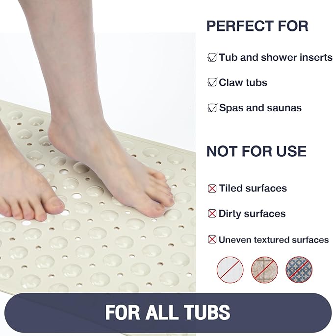 Extra Long Bathtub Mat Non Slip, Beige Soft Bath Mat for Tub 40 x 16 Inch Full Size, Bath Tub Shower Mats for Bathroom Floor with Big Suction Cups and Drain Holes, Easy Washable, BPA Free