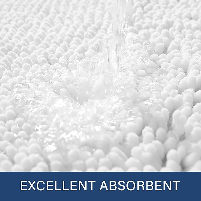 LOCHAS Luxury Bathroom Rug Shaggy Bath Mat 24 x 48 Inch, Washable Non Slip Bath Rugs for Bathroom Shower, Soft Plush Chenille Absorbent Carpets Mats, White
