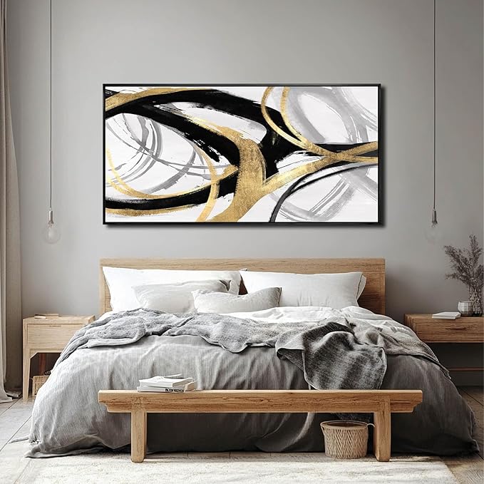 Abstract Wall Art Pictures for Living Room Gold Wall Decor Line Art for Bedroom Kitchen Home Office Decoration Framed Art 24"x48"