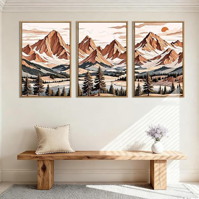 IARTTOP Framed Mountain Canvas Wall Art Large16x24 Inch Abstract Mountain Art Prints Set of 3 Vintage Nature Scenery Wall Decor for Living Room Bedroom Office