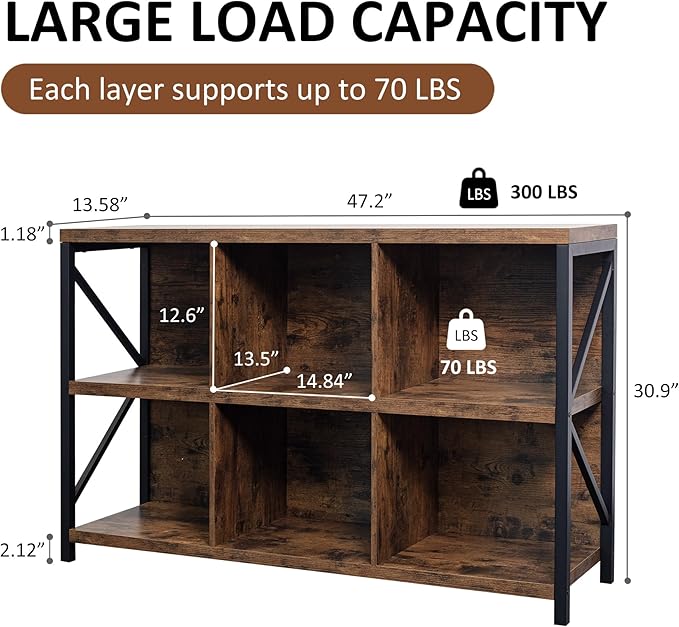 6 Cube Storage Organizer Bookshelf, Industrial Horizontal Bookcase, Accent Cubby Shelf, Media Console Table for Living Room, Home Office, 13.6" D x 47.2" W x 30.9" H, Rustic Brown