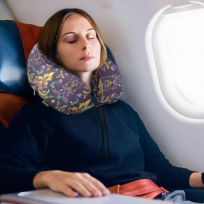 Travel Pillow for Neck Head, Mardi Gras Fleur De Lis Beads Memory Foam Padding Sleeping Airplane Trains Cars Camping Office