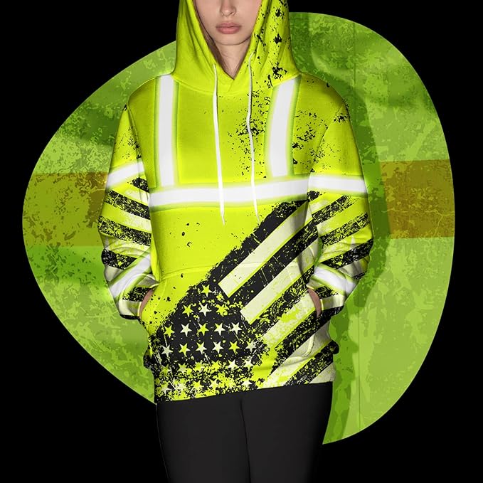 US Flag High Visibility Hoodie for Men Reflective Hoodie Safety Workwear for Worker Runner Patriotic ACC02