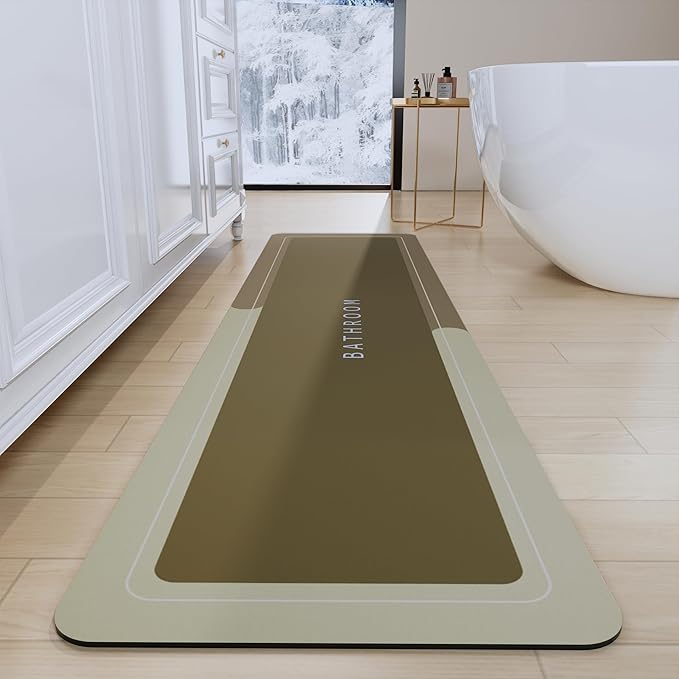 Bath Mat, Bathroom Mat Rugs Super Absorbent Shower Mats Non Slip Quick Dry Thin Rubber Mats for Bathroom Floor Fit Under Door, Shower Rug for Bathtub, Shower, Brown