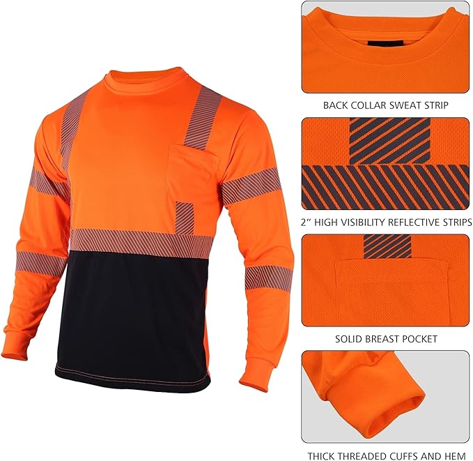 VENDACE 3pcs Safety T Shirts Reflective High Visibility Hi Vis Long Sleeve Construction Work Shirts for Men Class 3