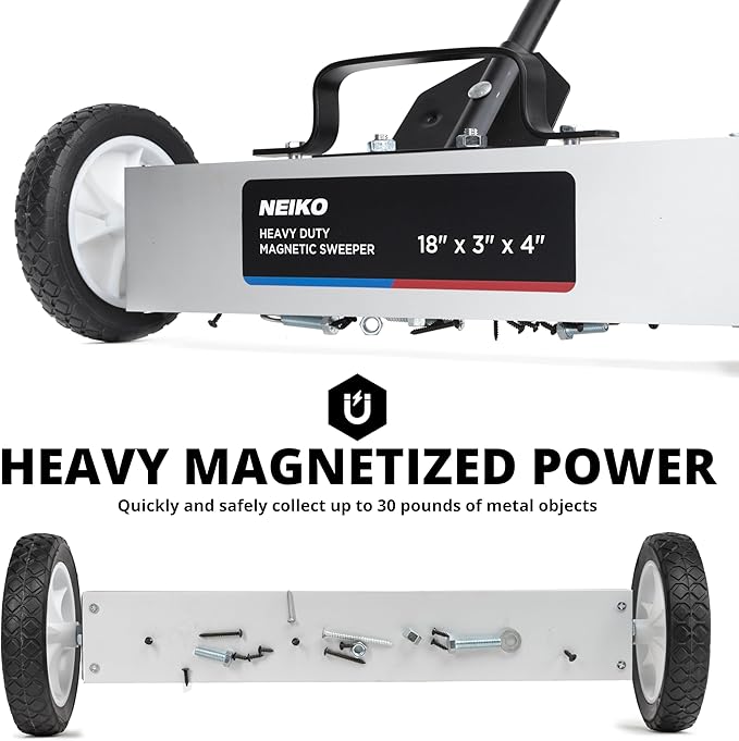 NEIKO 53415A 18” Rolling Magnetic Sweeper with Wheels, 45 Pound Capacity, Adjustable Handle & Floor Magnet Clearance Height, Metal Pick Up and Nail Magnet, Floor Sweeper for Construction, Shop, Etc.