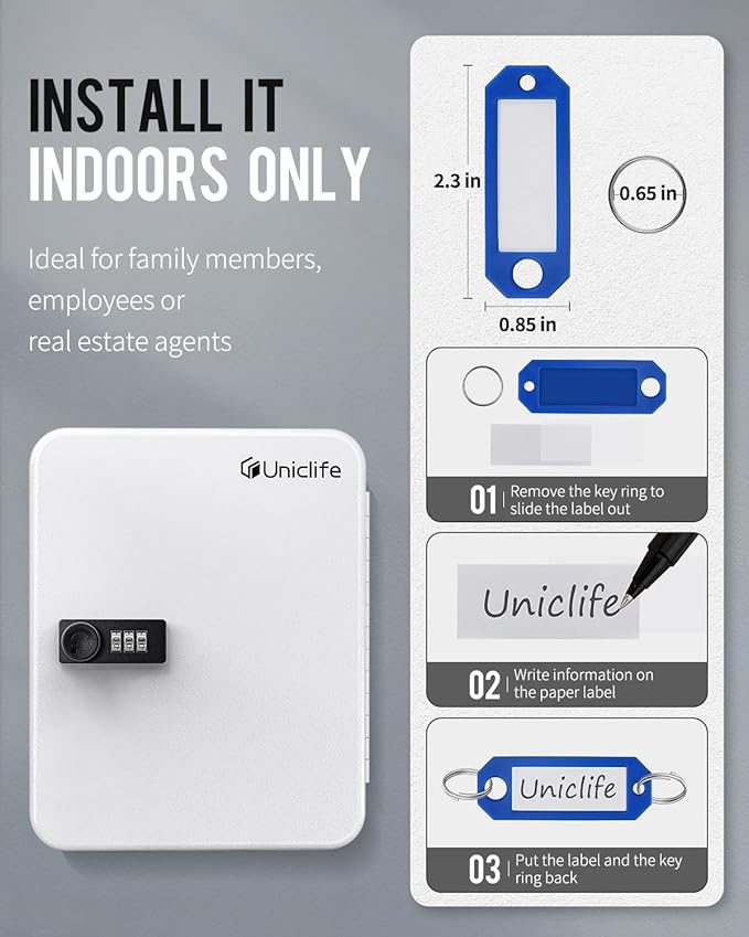 Uniclife 28-Key Steel Key Cabinet with Combination Lock Wall Mounted Key Organizer with Resettable Code White Digital Security Box with Hooks and Large Key Tag Labels Identifiers in 5 Assorted Colors