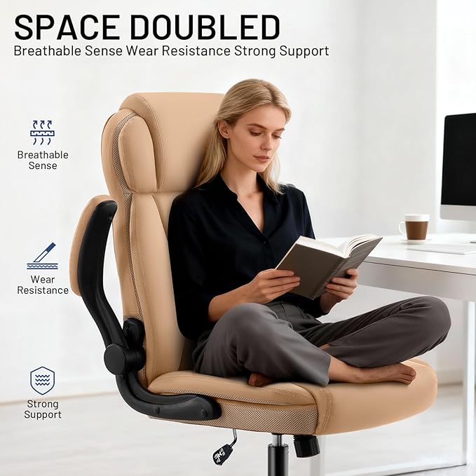 Ergonomic Office Chair with High Back Headrest, PU Leather Executive Desk Chair - Padded Flip-Up Armrests, Lumbar Support, Swivel Computer Chair for Home Office & Gaming, Khaki