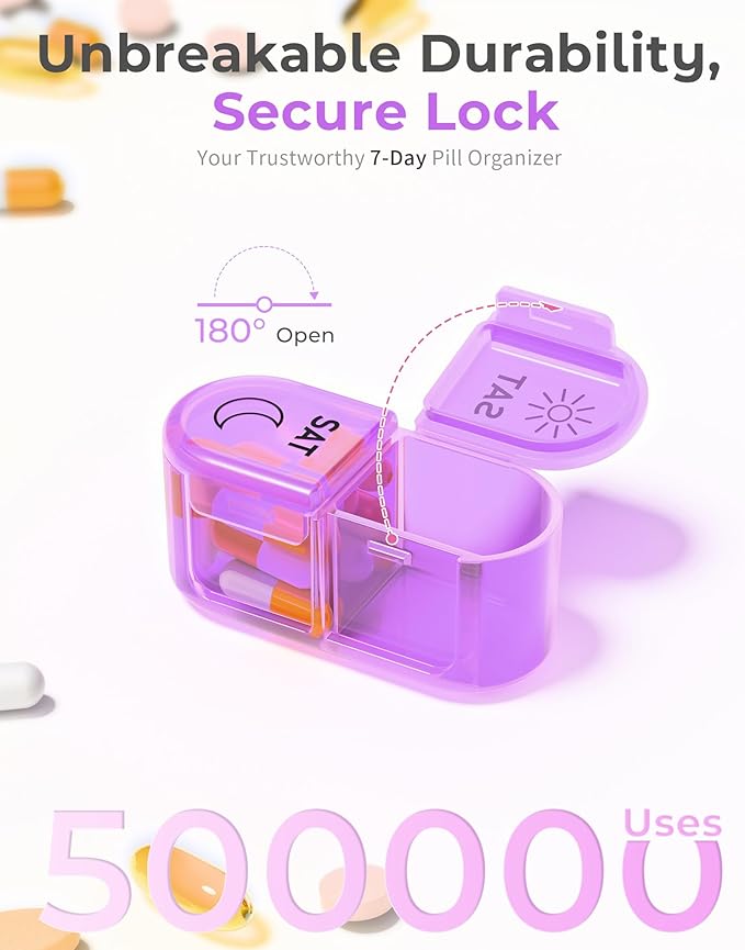 Pill Organizer, 𝐏𝐢𝐥𝐥 𝐁𝐨𝐱 𝟕 𝐃𝐚𝐲, AM & PM Medicine Organizer 7 Days, Weekly Pill Organinzer 2 Times a Day, Pill Case for Travel, Vitamins, Fish Oils, Supplements