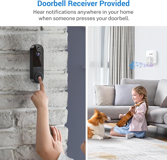 1080p Wireless Video Doorbell Camera with Indoor Receiver, AI Human Detection, 2-Way Audio, Night Vision, Cloud Storage, Real-Time Alerts, Smart Home Protection (Black)