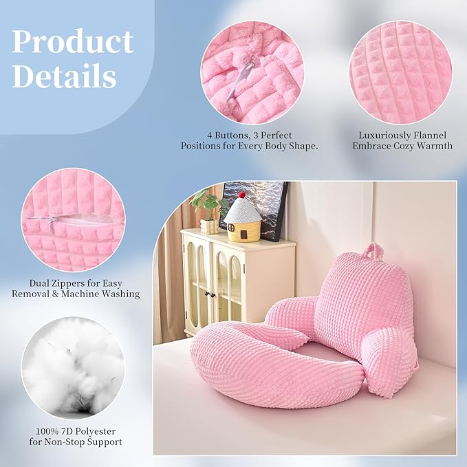 Reading Pillow for Bed,U Shaped & Back Support Pillow for Bed,17" Backrest with Lumbar & Arm Support,Comfy Flannel Fabric,Lap Pillow for Gaming/Reading/Watching TV,Pink