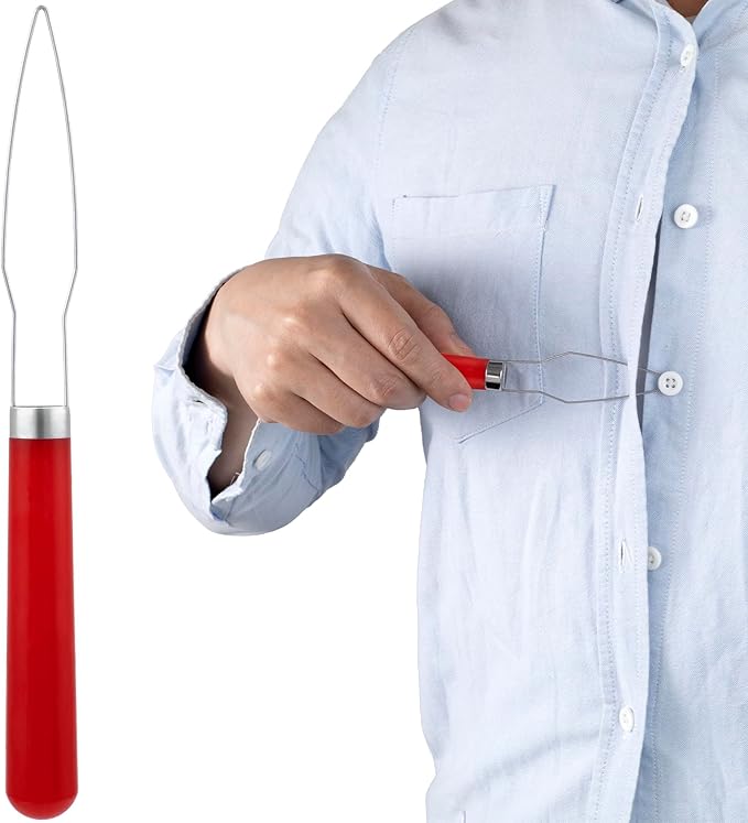 Easy Button Hook, Steel Button Helper Tool for Elderly, Wide Plastic Handle Buttons Fastener Device Assist Dressing Aid Tool for Seniors One Hand - 1 Pack, Red