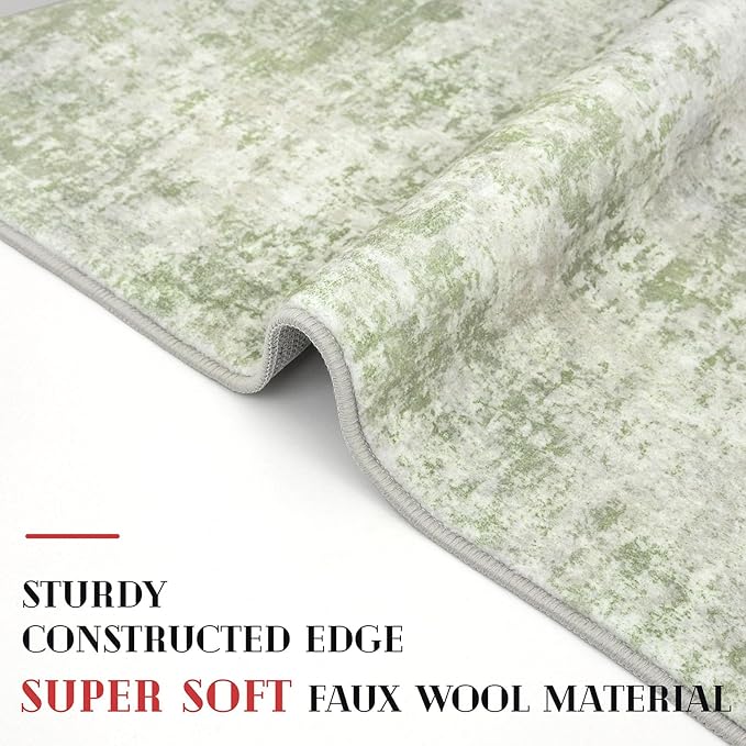 Modern Abstract Runner Rug 2x5, Sage Green Grey Washable Kitchen Runner Entryway Rug Mat Non-Slip Soft Hallway Rug Runner Thin Print Faux Wool Carpet for Bedroom Laundry Room Indoor