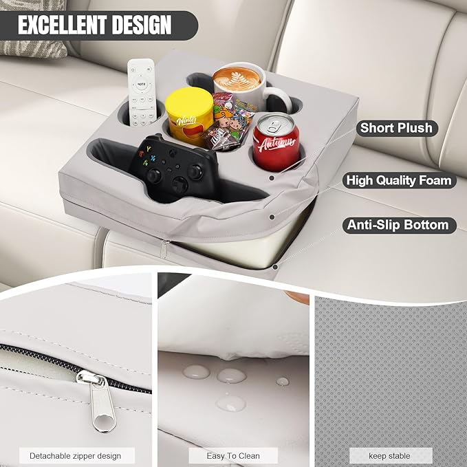 STBoo Couch Cup Holder Pillow Tray - Sofa Drink Cup Holder Cozy Buddy | Bed Caddy Organizer for Remote, Snacks Beverage, Phones, Tablet | Use it on Car, Pack, Beach, RV, Boat, Bedroom (Silvergrey)