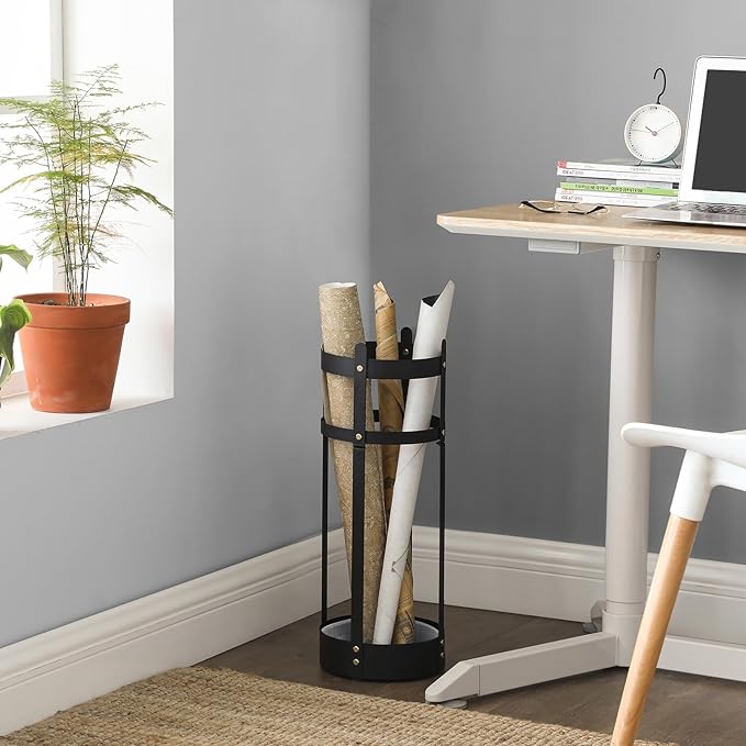 SONGMICS Umbrella Stand, Steel Round Umbrella Holder Rack, 7.7 x 7.7 x 21.7 Inches, with Detachable Drip Tray, for Entryway, Office, Stable, Assembly Required, Matte Black ULUC28BK