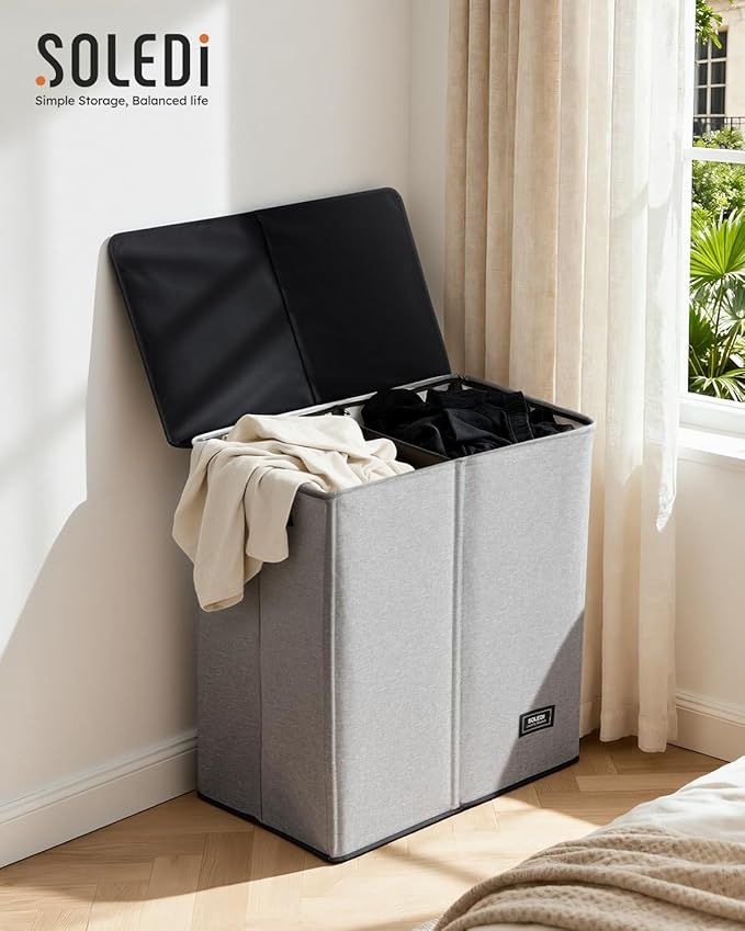 SOLEDI Large Double Laundry Hamper with Lid, Collapsible Clothes Hamper 2 section with Removable Bags, Space-Saving Laundry Basket for Bedroom, Dorm, College